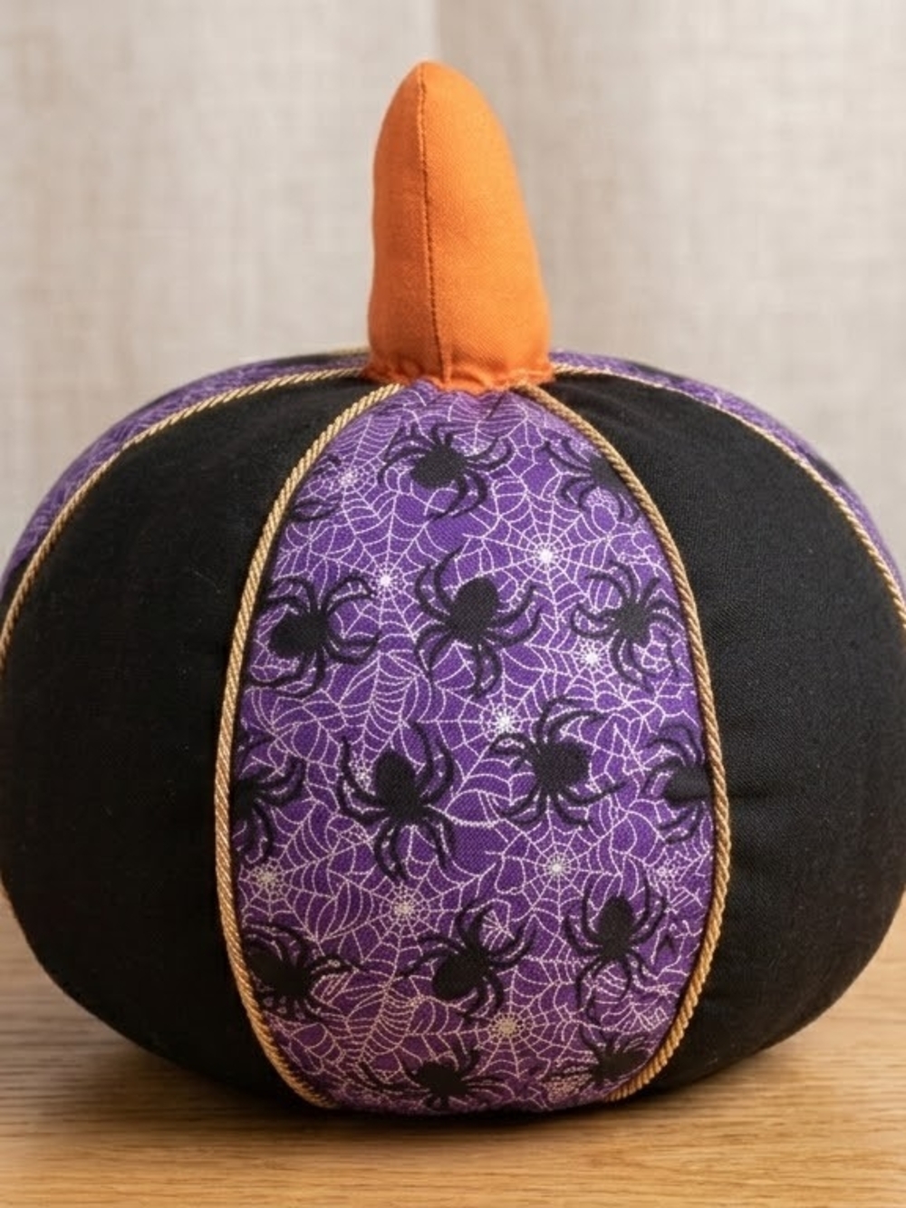 Hand-Sewn Halloween Fabric Pumpkin Decor Purple Spider Web & Black Trim
